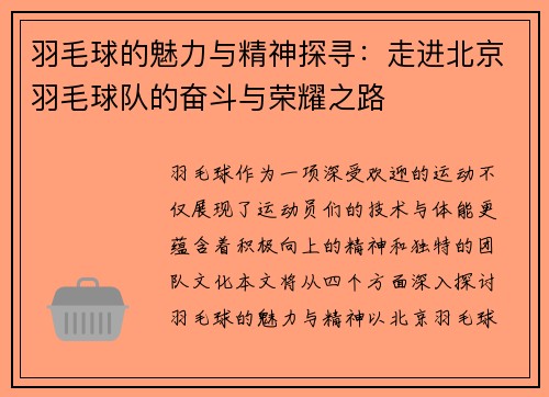 羽毛球的魅力与精神探寻：走进北京羽毛球队的奋斗与荣耀之路