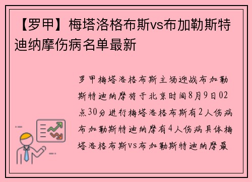 【罗甲】梅塔洛格布斯vs布加勒斯特迪纳摩伤病名单最新